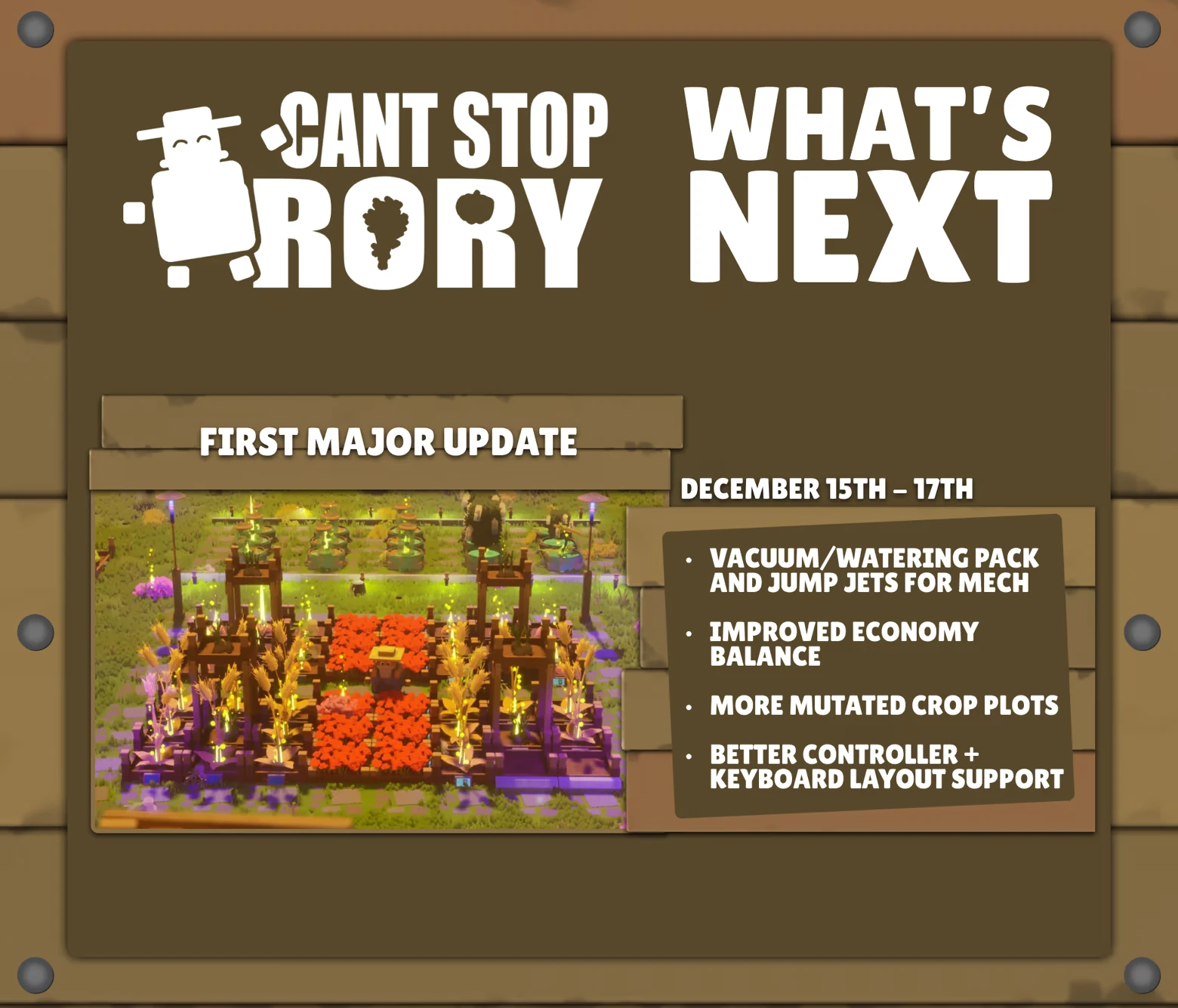 Can't Stop Rory: Game update with farm scene, new features list, and update dates displayed.