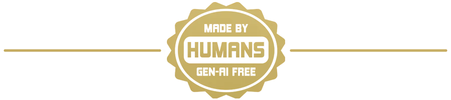 Caput Mortum: Gold badge with "MADE BY HUMANS GEN-AI FREE" text, flanked by horizontal lines.