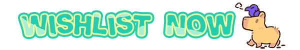Capy Castaway: "WISHLIST NOW" in playful yellow text with a capybara wearing a blue hat.