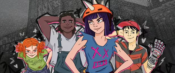 Card Buster: Four characters pose confidently, one with a horned helmet, another with a robotic glove.