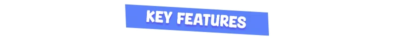 Key Features – Cargo, Please! Cargo, Please!: Blue banner with bold white text reading "KEY FEATURES".