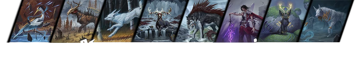 Card Art Gallery – Carnholt Carnholt: Fan of illustrated cards showing beasts, a warrior, and purple lightning.