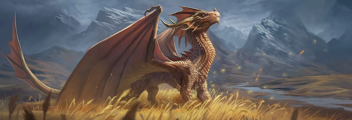 Dragon Landscape Art – Carnholt Carnholt: Bronze dragon with spread wings in tall grass, mountains under stormy sky.