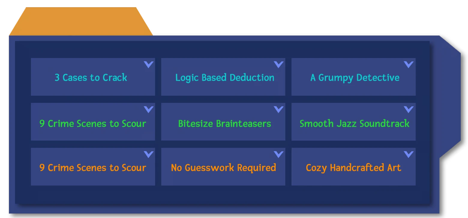Case Solved: Blue menu tiles listing features like Logic Based Deduction and Cozy Art.