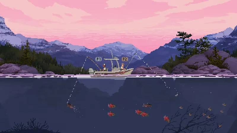 Cast n Chill: Pixel art boat with P1, P2 fishing, pink sky, mountains, fish underwater.
