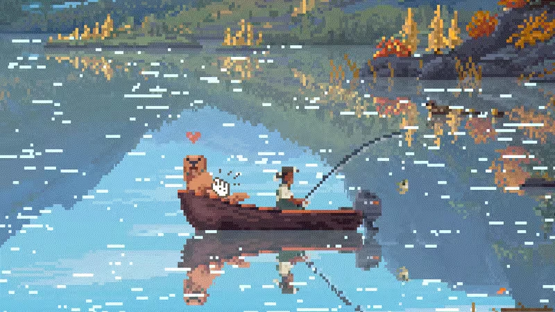 Cast n Chill: Pixel art of a person fishing in a boat with a dog, heart icon above the dog.