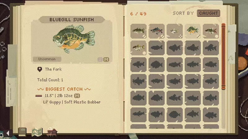 Cast n Chill: Open book shows Bluegill Sunfish details, fish grid, and "SORT BY CAUGHT" tab.
