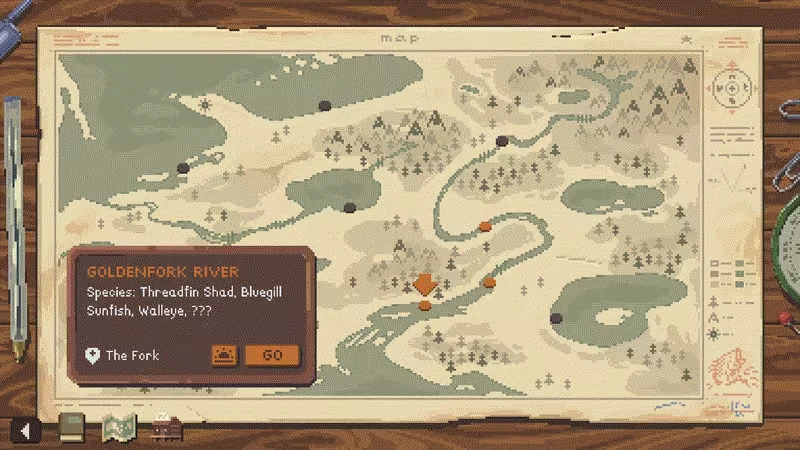 Cast n Chill: Vintage map with rivers, lakes, and a "Goldenfork River" info box.