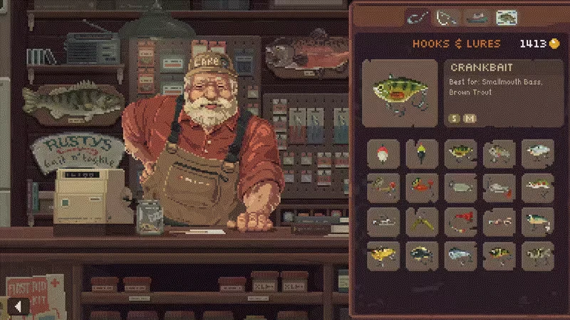 Cast n Chill: Bearded shopkeeper at Rusty's, hooks and lures menu, 1413 coins displayed.