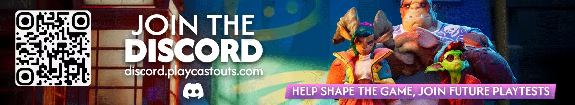 Join Discord Banner – Cast Outs Cast Outs: Join the Discord text with QR code, URL, and three cartoon characters.