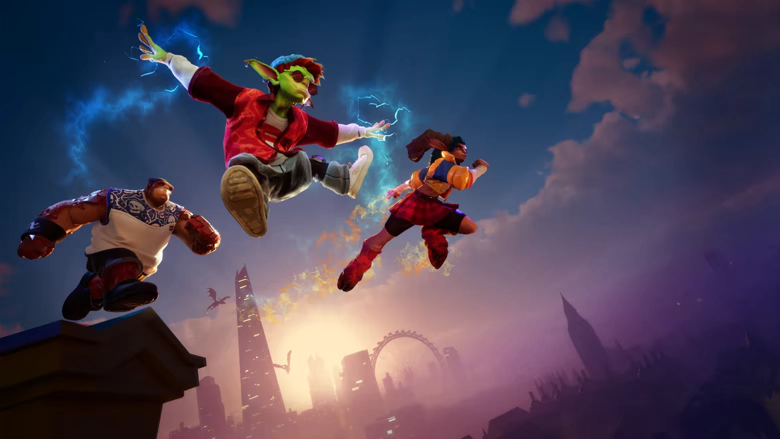 Cast Outs: Three heroes leap above a city skyline at sunset, crackling blue lightning trails.