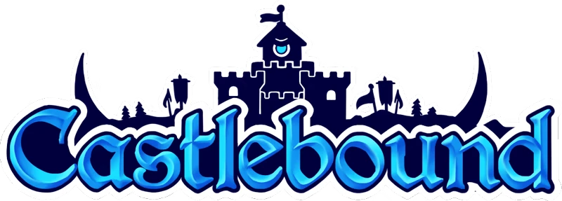 Castlebound: Blue castle silhouette with towers and flags above stylized blue text "Castlebound".