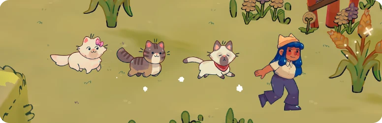 Cat Following Walk – Cat Cafe Manager 2: Big City Bliss Cat Cafe Manager 2: Blue-haired girl runs with three cats across grassy field.