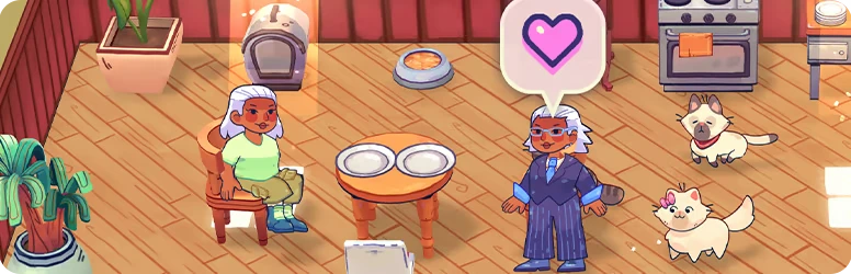 Cat Love Bubble – Cat Cafe Manager 2: Big City Bliss Cat Cafe Manager 2: Two characters by table; heart speech bubble; two cats in room.