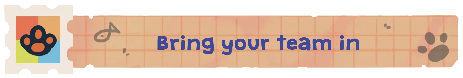 Bring Your Team – Cat Mail Co. Cat Mail Co.: Banner with blue text “Bring your team in” on grid paper, pawprints.