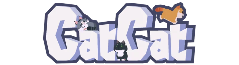Cat Logo – CatCat CatCat: Blocky white text with playful cats; gray cat lounging, black cat sitting, orange cat leaping.