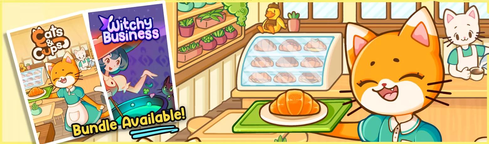 Cats & Cups: Orange cat with croissant, white cat barista, cozy cafe with plants and pastries.