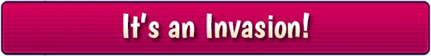 Cats vs. Aliens: Bold white text "It's an Invasion!" on a vibrant pink striped background.