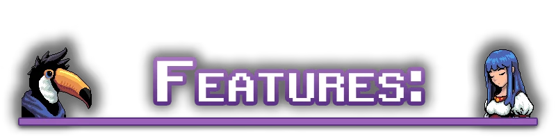 Cauldron: "Features" in pixelated purple text with a toucan and a woman with blue hair.