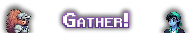 Cauldron: Pixel art of a knight with curly hair and a blue-skinned character flanking "Gather!" text.
