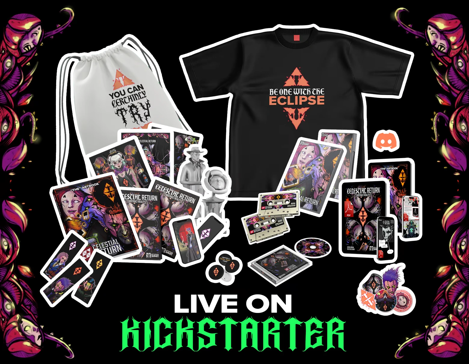 Celestial Return: Game merchandise includes cards, artbook, T-shirt, and Kickstarter promo.