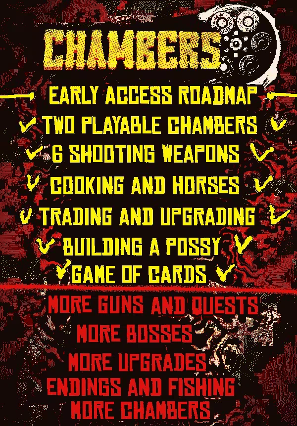 Chambers: Yellow text on red background lists game features and future updates with checkmarks.