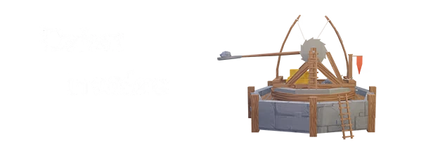 Defeat Invaders – Chaos Islands Chaos Islands: White “Defeat invaders” text beside a wooden catapult on stone platform.