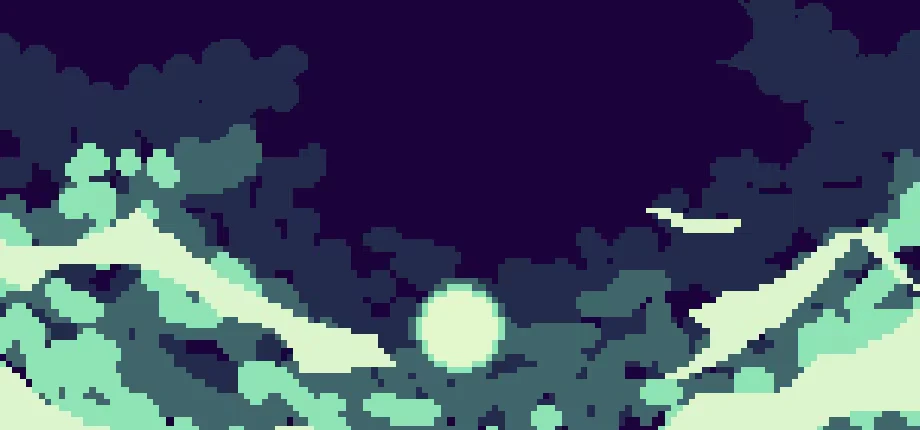 Moonlit Clouds – Chaos Rune : Heroes Chaos Rune: Pixel art night sky with dark clouds, pale moon, and mint hills.