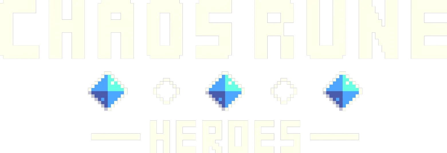 Title Logo – Chaos Rune : Heroes Chaos Rune: Pixel logo reading CHAOSRUNE HEROES with blue diamond icons on black background.