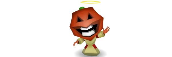 Chaos The Devil: Pumpkin-headed character in robe waving, with glowing halo above head.