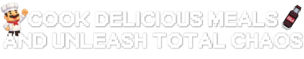Chef Pinball: Pixel chef beside bold white text “COOK DELICIOUS MEALS AND UNLEASH TOTAL CHAOS”.