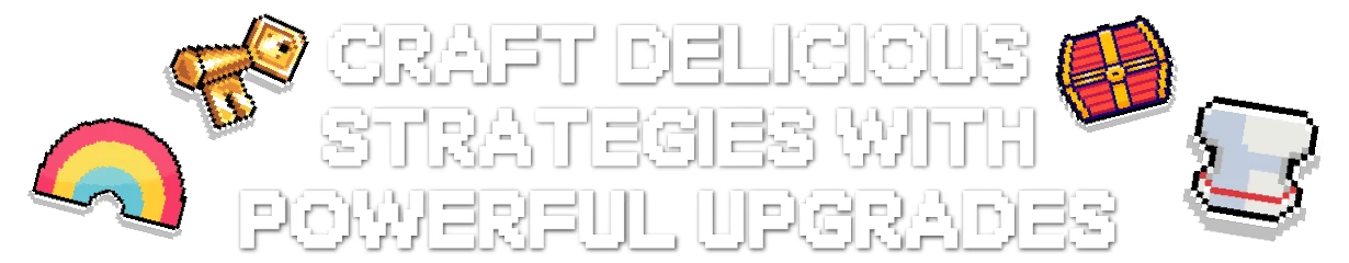 Chef Pinball: Pixel text “CRAFT DELICIOUS STRATEGIES WITH POWERFUL UPGRADES” icons around.