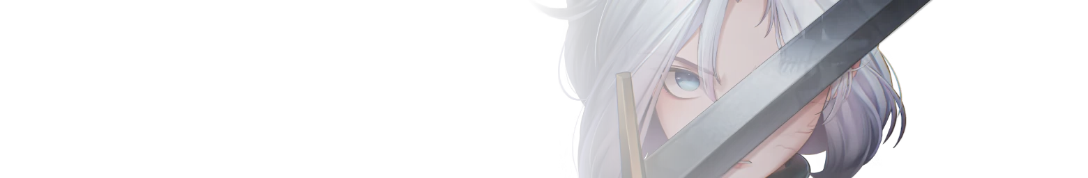 Silver Haired Swordswoman – Cherubim: Heaven’s Blade Cherubim: Close-up of silver-haired character with blue eye behind a raised sword.