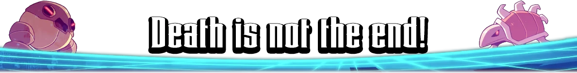 Chivalware: White text “Death is not the end!” above blue grid, robots at edges.