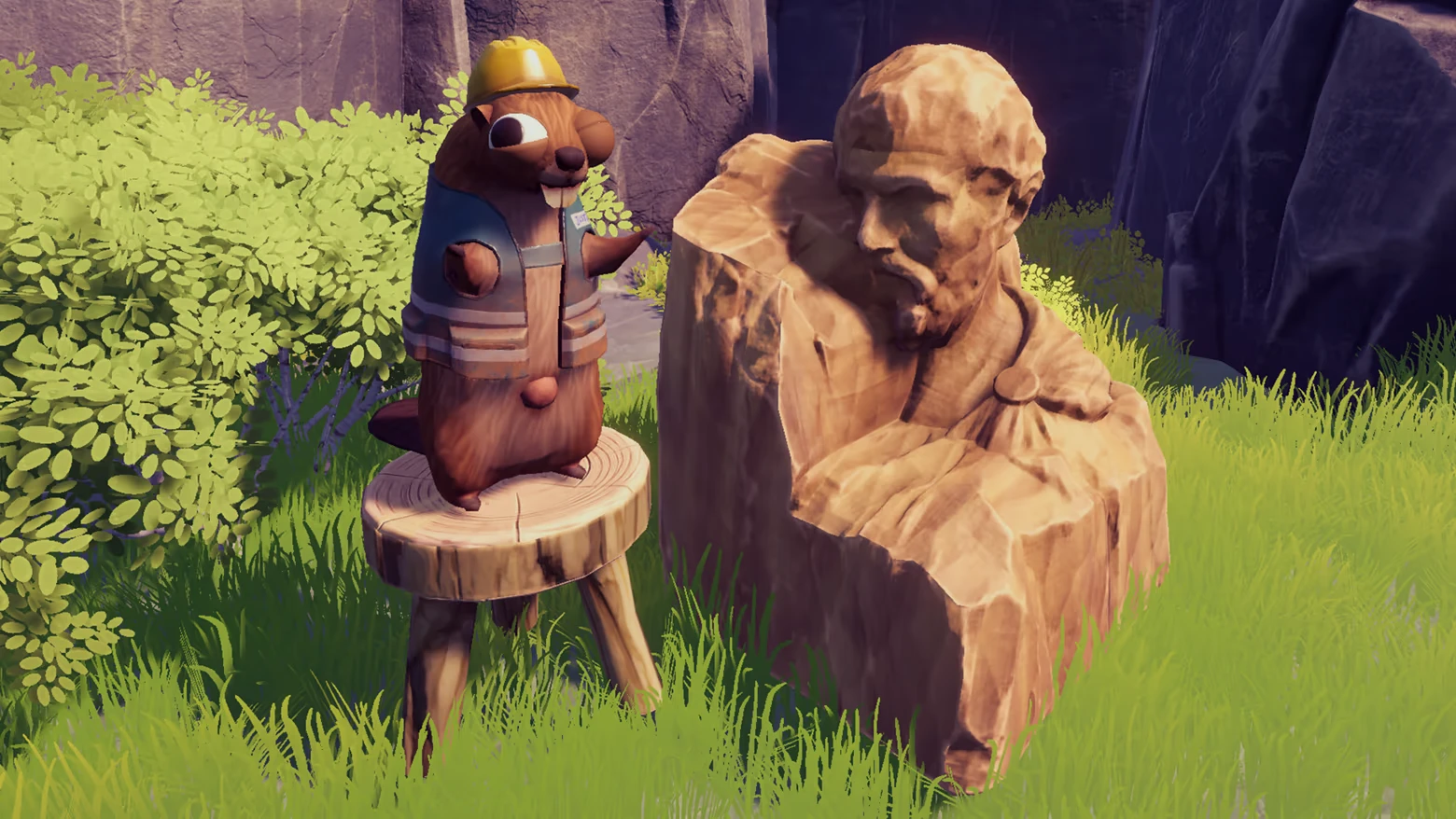 Beaver Statue Carving β Chop Chop Inc. Chop Chop Inc.: Beaver in hard hat on stool beside carved wooden bust in grass.
