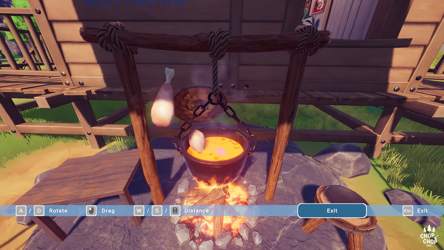 Campfire Cauldron Cooking β Chop Chop Inc. Chop Chop Inc.: Cauldron over campfire with egg and meat, UI shows Rotate/Drag/Exit.