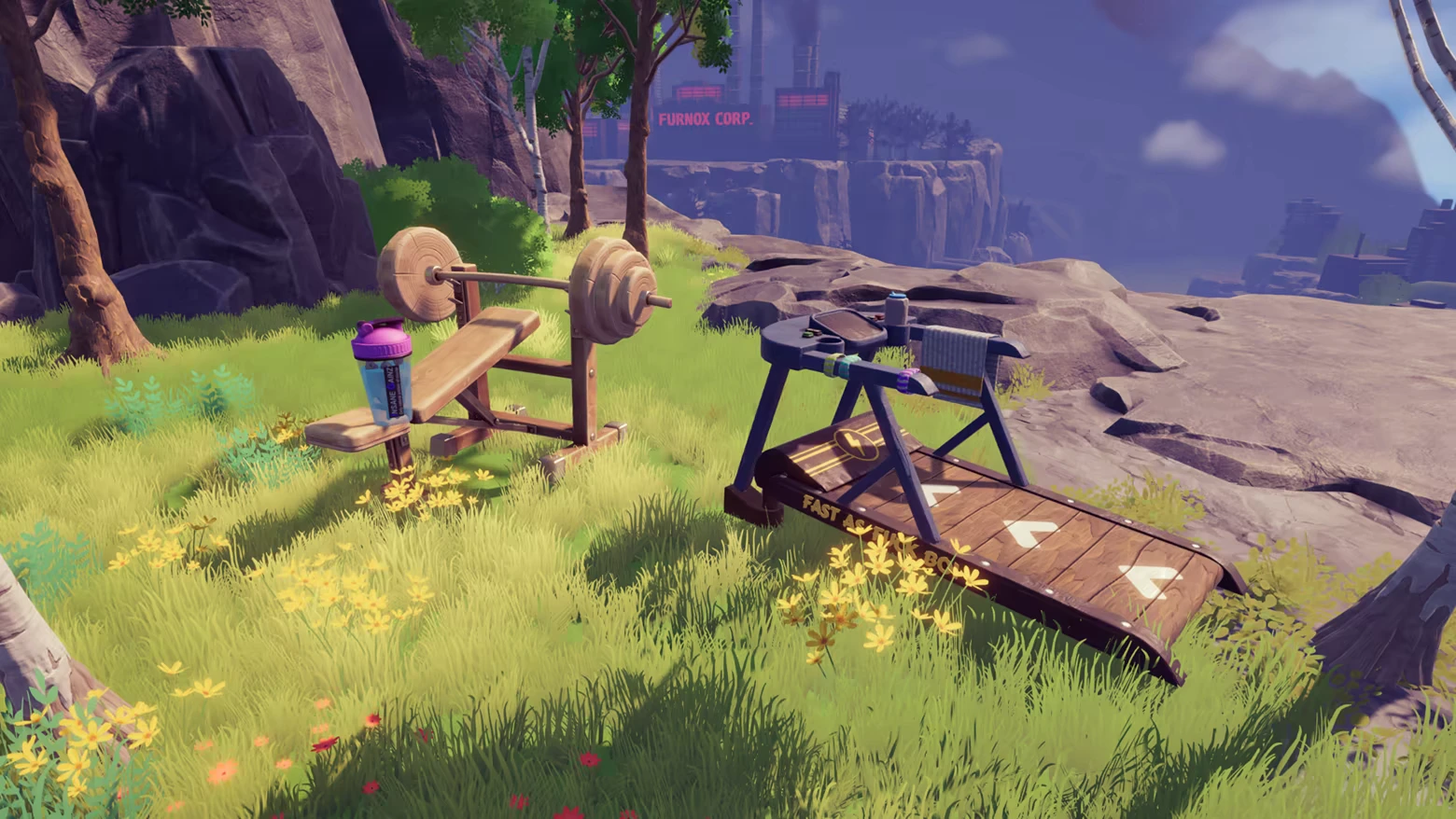 Outdoor Gym Setup β Chop Chop Inc. Chop Chop Inc.: Bench press and treadmill on grassy cliff; distant βFURNOX CORP.β sign.