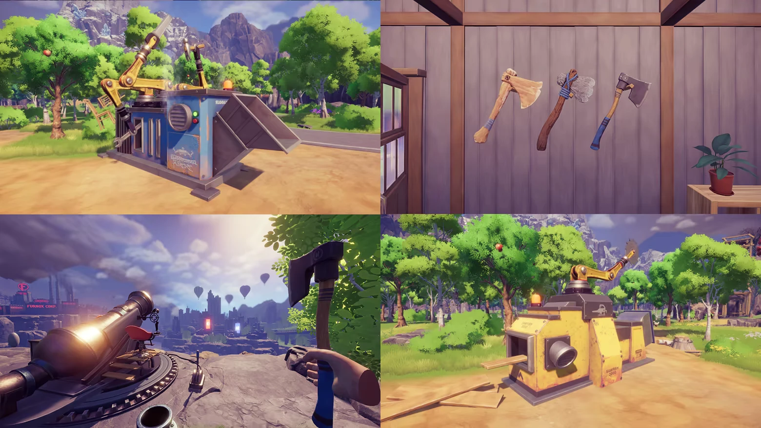 Sawmill Machines β Chop Chop Inc. Chop Chop Inc.: Collage of wood machines, wall axes, cannon view, and hand-held axe.