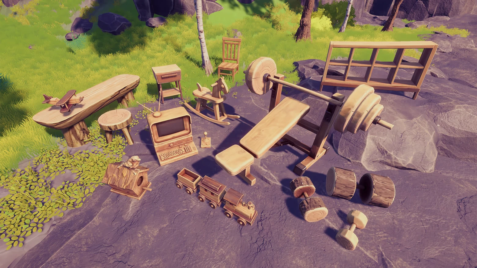 Wooden Furniture Set β Chop Chop Inc. Chop Chop Inc.: Wooden furniture set with bench press, chair, shelves, and toy train outdoors.