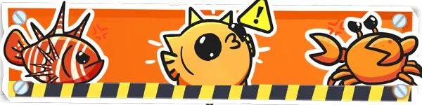 Fish Crab Warning – Chop Chop Together Chop Chop Together: Cartoon fish, cat, and crab behind yellow-black caution stripe on orange panel.
