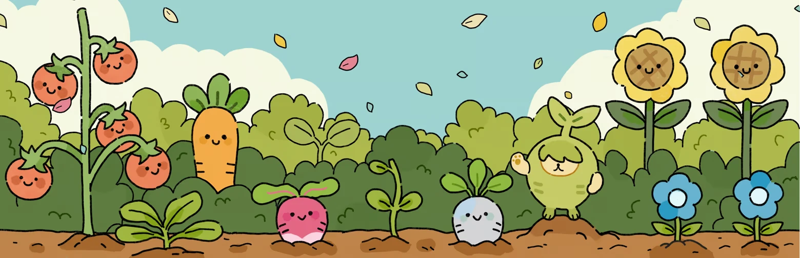 Chosen Garden: Smiling tomatoes, carrots, radishes, and sunflowers in a vibrant garden scene.