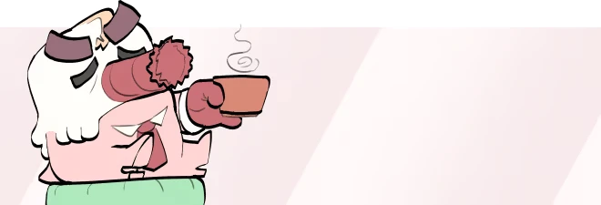 Tea Drinking Character – Chromahertz Chromahertz: Cartoon character with white hair and red gloves sipping coffee on a pink background.