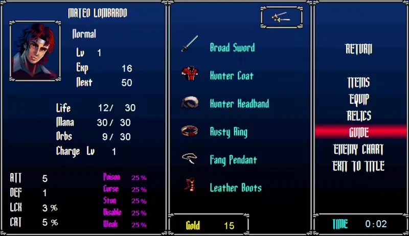 Character Stats – Chronicles of the Wolf Chronicles of the Wolf: Character stats screen with Mateo Lombardo, items, and menu options.