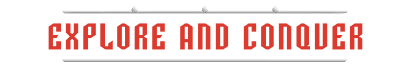 Explore Conquer – Chronicles of the Wolf Chronicles of the Wolf: "Explore and Conquer" in bold red text with a metallic sword design.