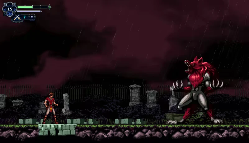 Graveyard Battle – Chronicles of the Wolf Chronicles of the Wolf: Mateo faces a red werewolf in a graveyard under a stormy purple sky.