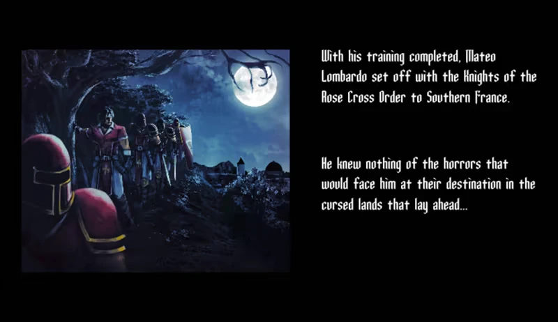 Knight Journey – Chronicles of the Wolf Chronicles of the Wolf: Knights in red armor under a full moon, with text narrating their quest.