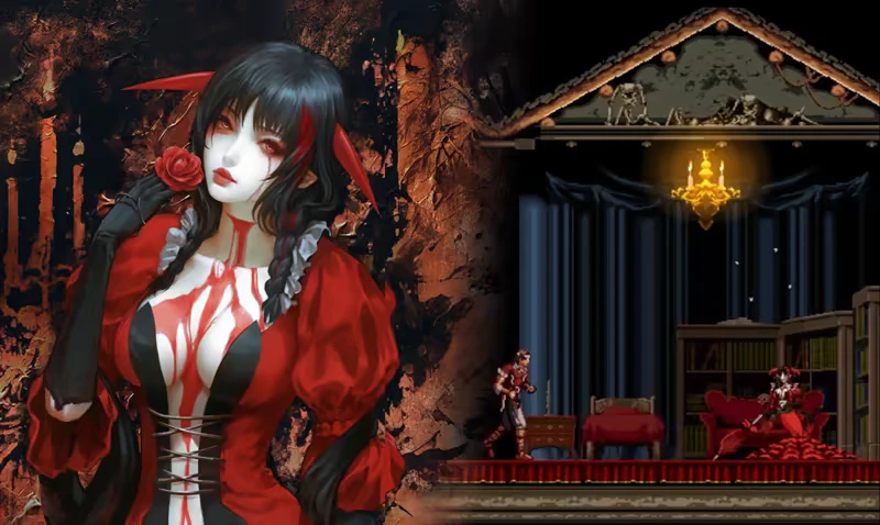 Vampire Lounge – Chronicles of the Wolf Chronicles of the Wolf: Gothic woman in red dress, pixel art room with chandelier and bookshelves.