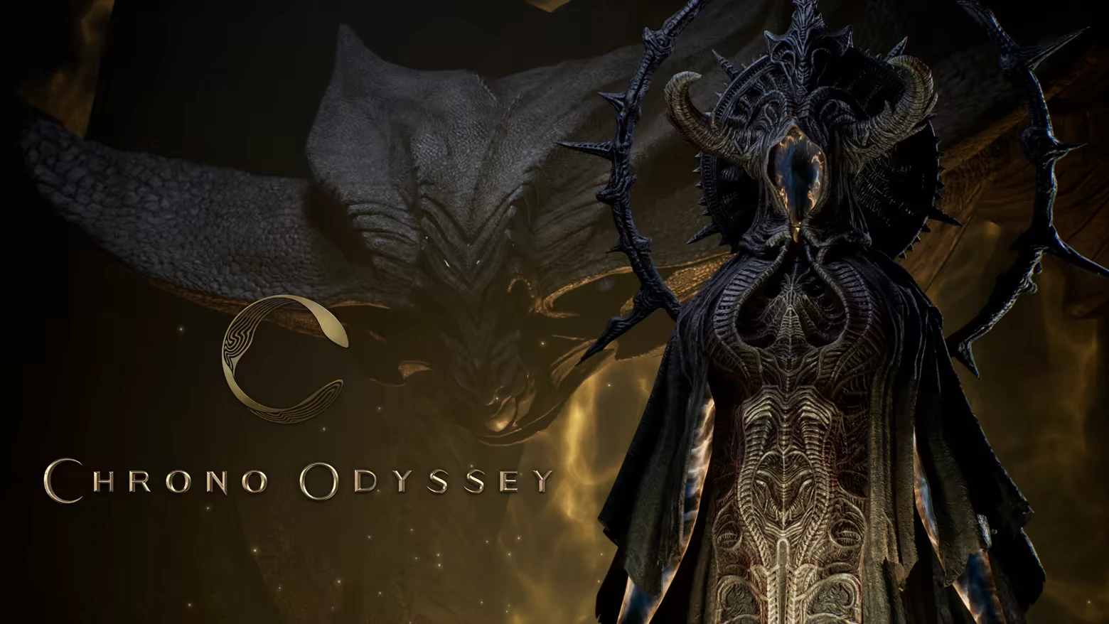Mystic Creature – Chrono Odyssey Chrono Odyssey: Dark armored figure with ornate patterns, large creature behind, game title text.