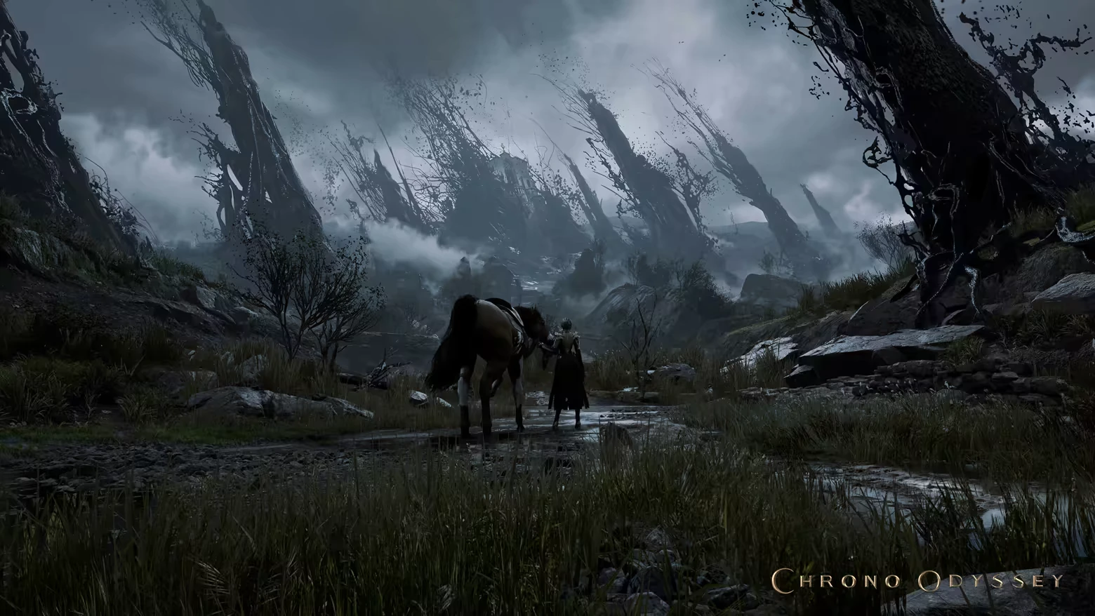 Stormy Landscape – Chrono Odyssey Chrono Odyssey: A figure leads a horse through a dark, eerie landscape with twisted trees.