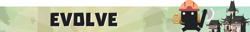 Evolve Banner – Chronocracy Chronocracy: Bold black EVOLVE text beside worker silhouette with axe and pagoda buildings.